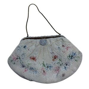 Vintage Beaded Evening Clutch Handbag Floral Flowers Pearlized White flaw